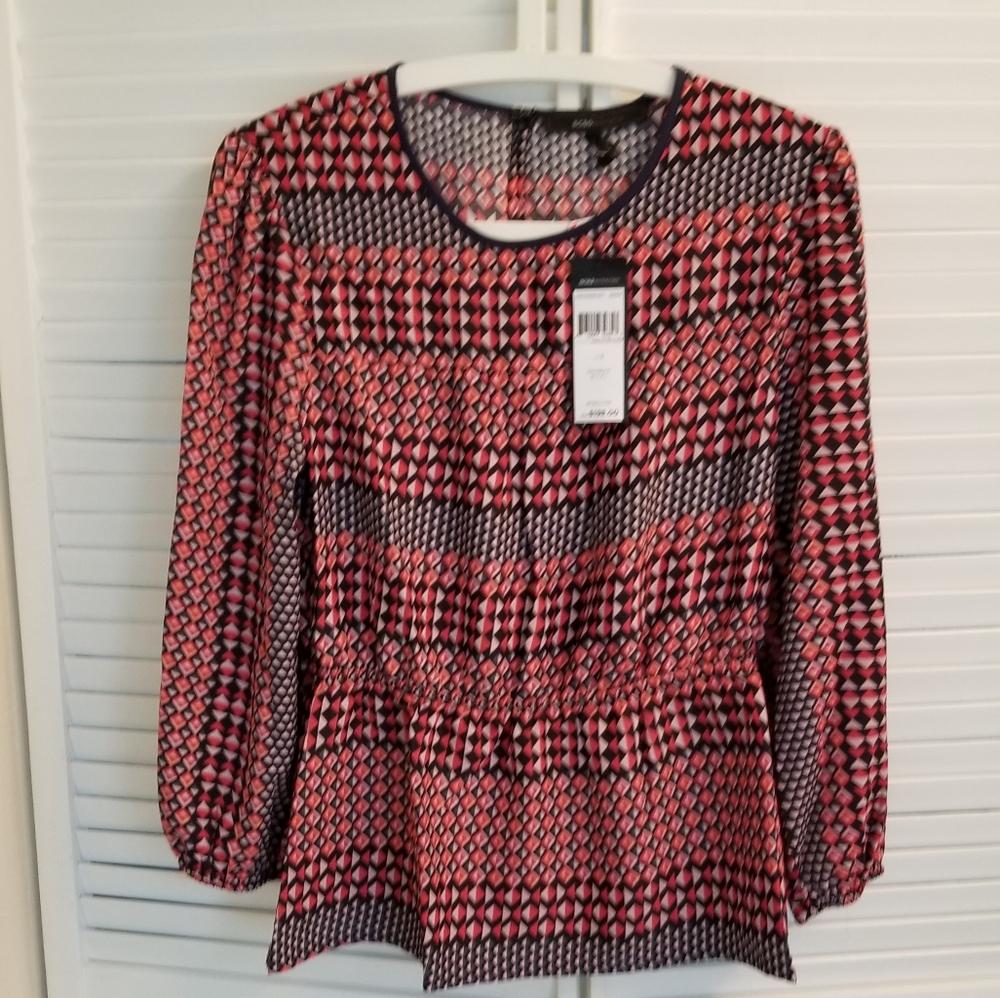 BCBG MAXAZRIA Womens Red Navy Print Top